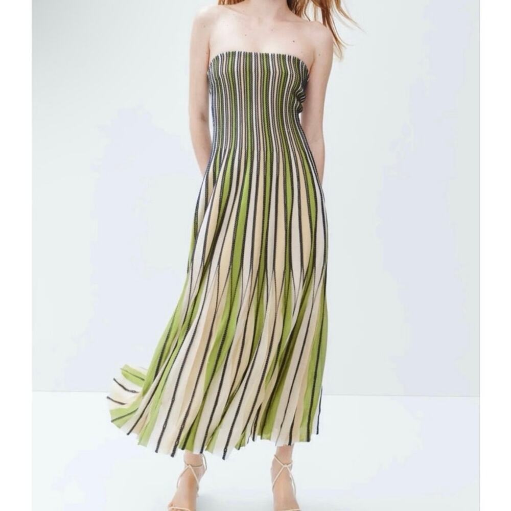 SIMKHAI Soliel green knit pleated strapless Midi Dress Medium
